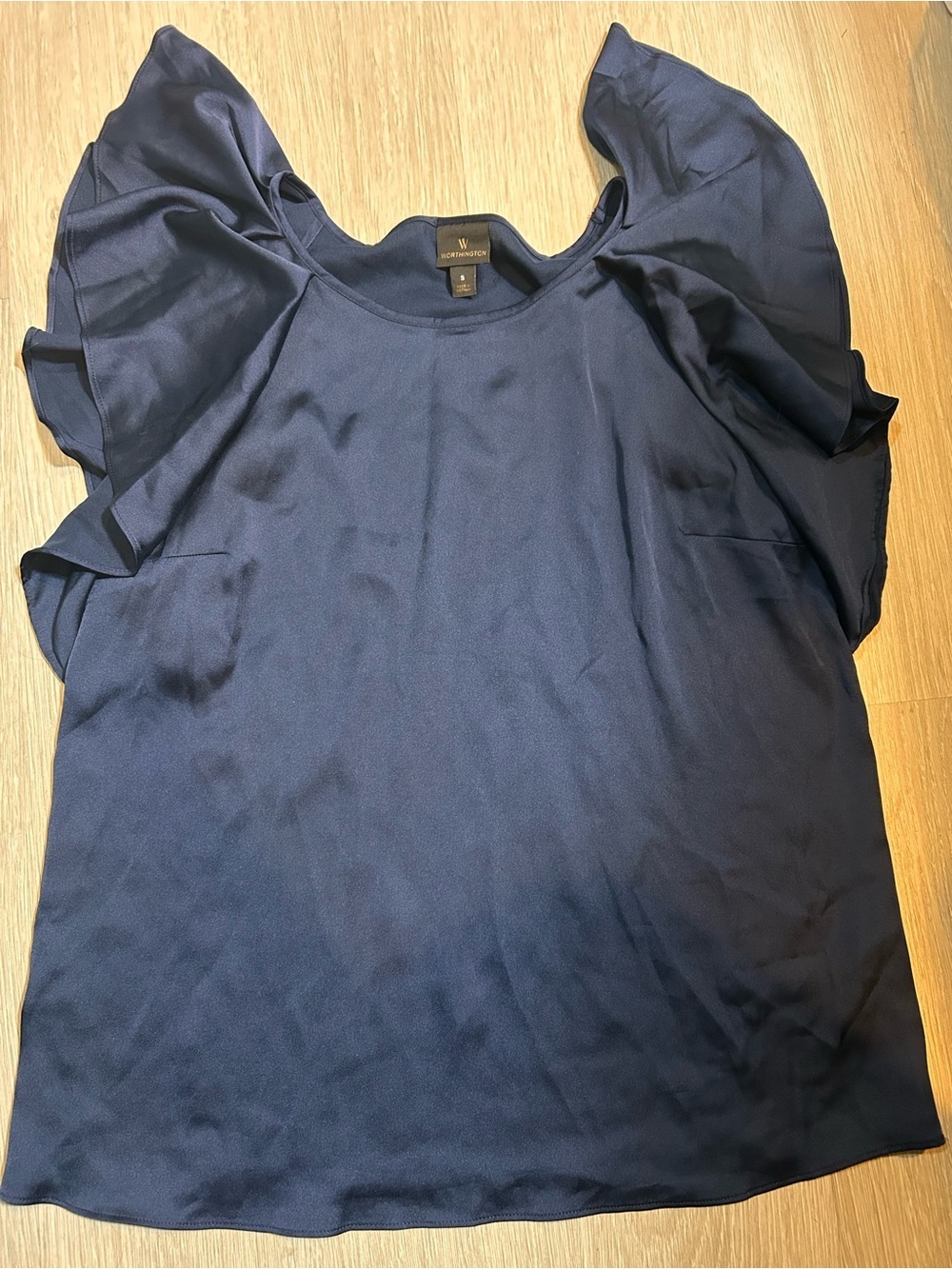Worthington Navy Ruffle Sleeve Blouse